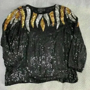 Vintage Sequin Jean for Joseph Le Bon 100% Silk Black, Silver Gold Holiday Paris